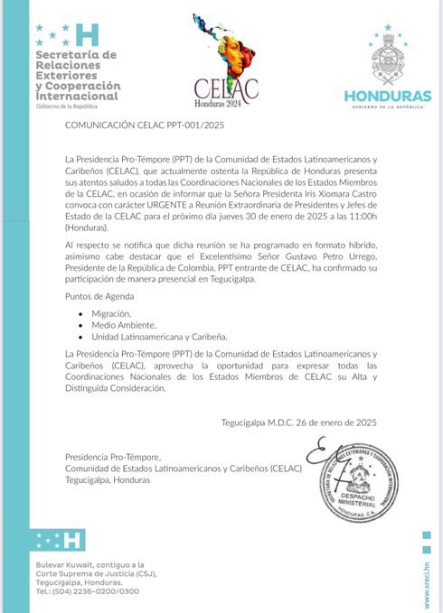 Convocatoria urgente de la CELAC para éste 30 de enero