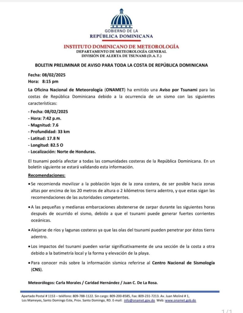 INDOMET SUSPENDE EL AVISO DE SUNAMI PARA LA RD