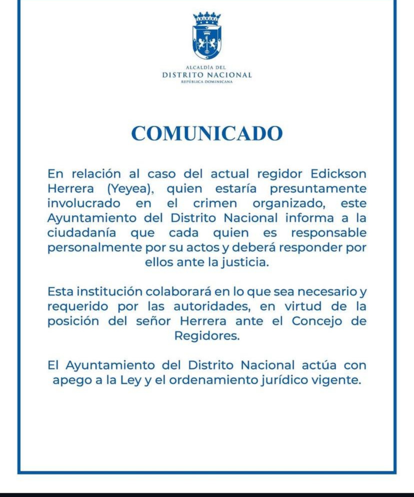Alcaldía del Distrito Nacional se pronuncia sobre regidor presuntamente vinculado a crimen organizado