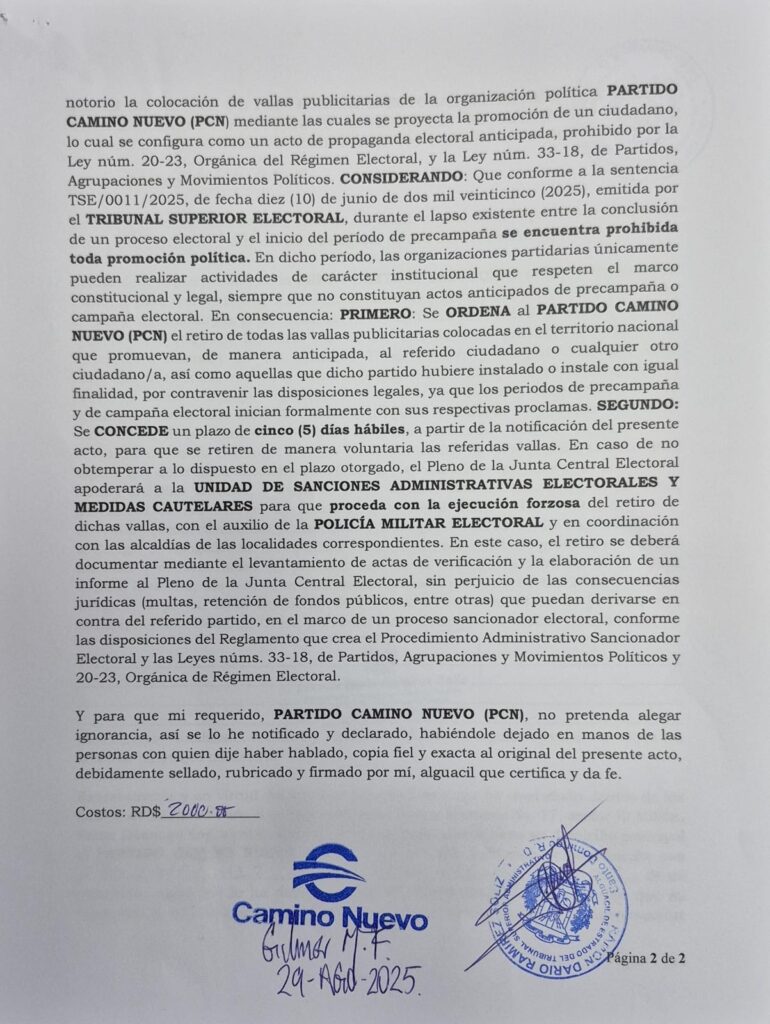 La JCE ordena al Partido Camino Nuevo retirar propaganda anticipada