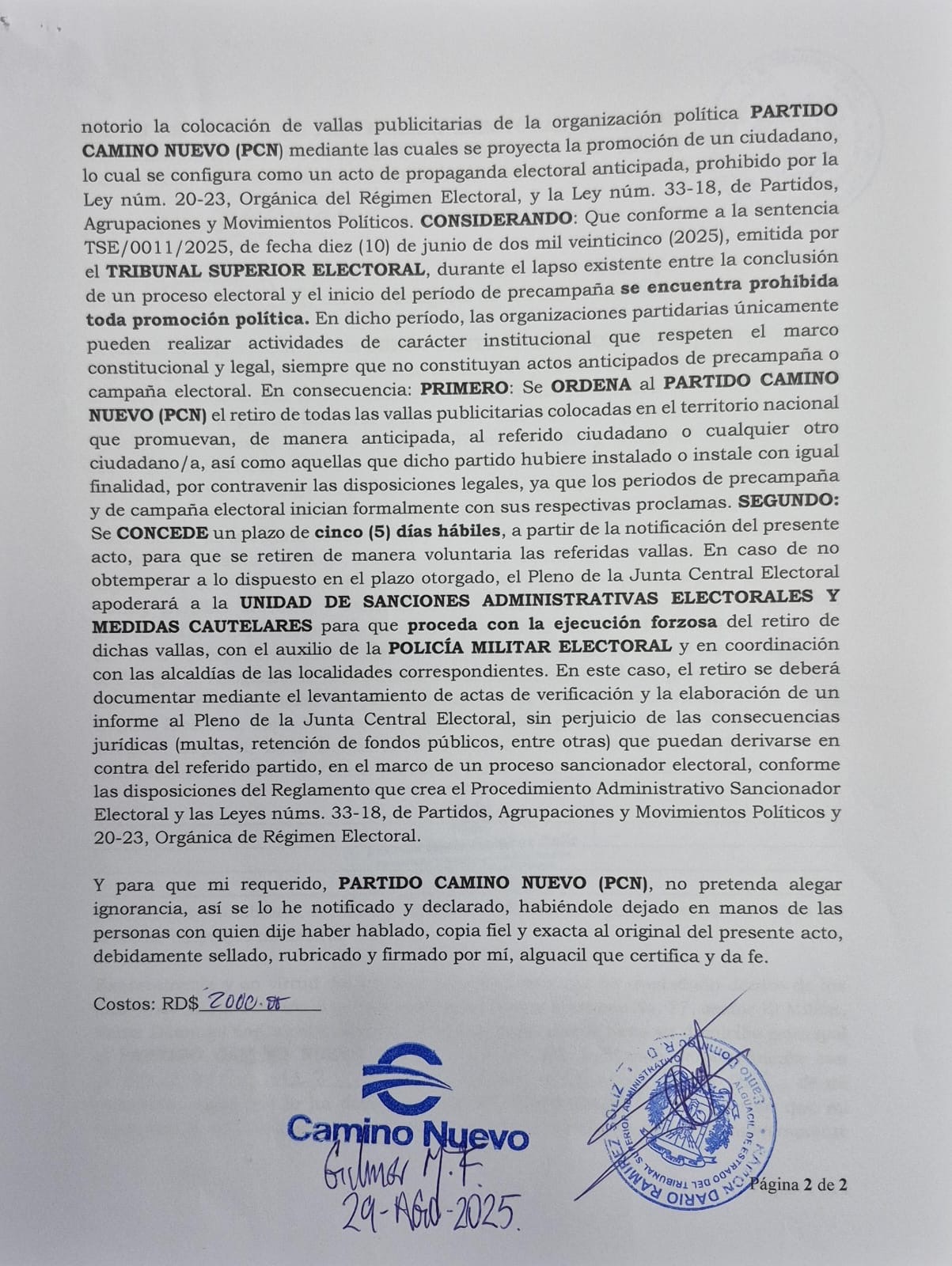 La JCE ordena al Partido Camino Nuevo retirar propaganda anticipada