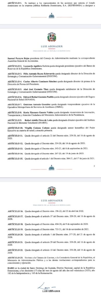 Luis Abinader emite decreto con nuevas designaciones en instituciones del Estado