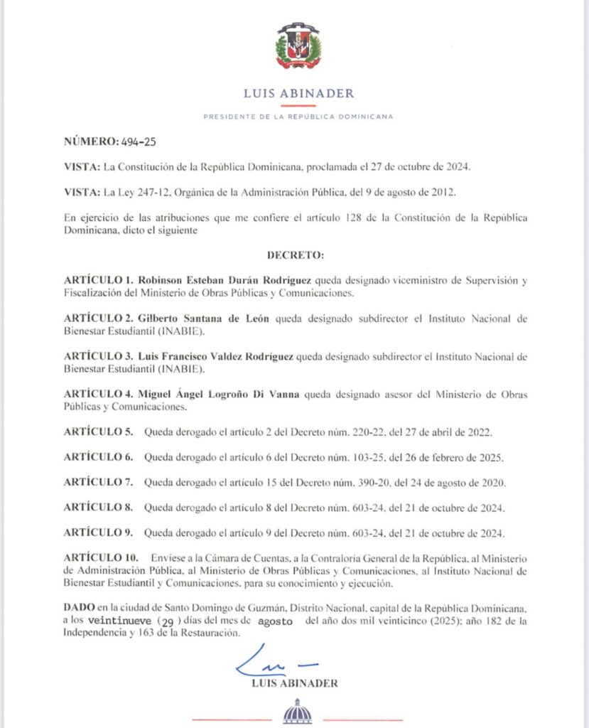 Presidente Abinader dispone nuevas designaciones en Obras Públicas e INABIE
